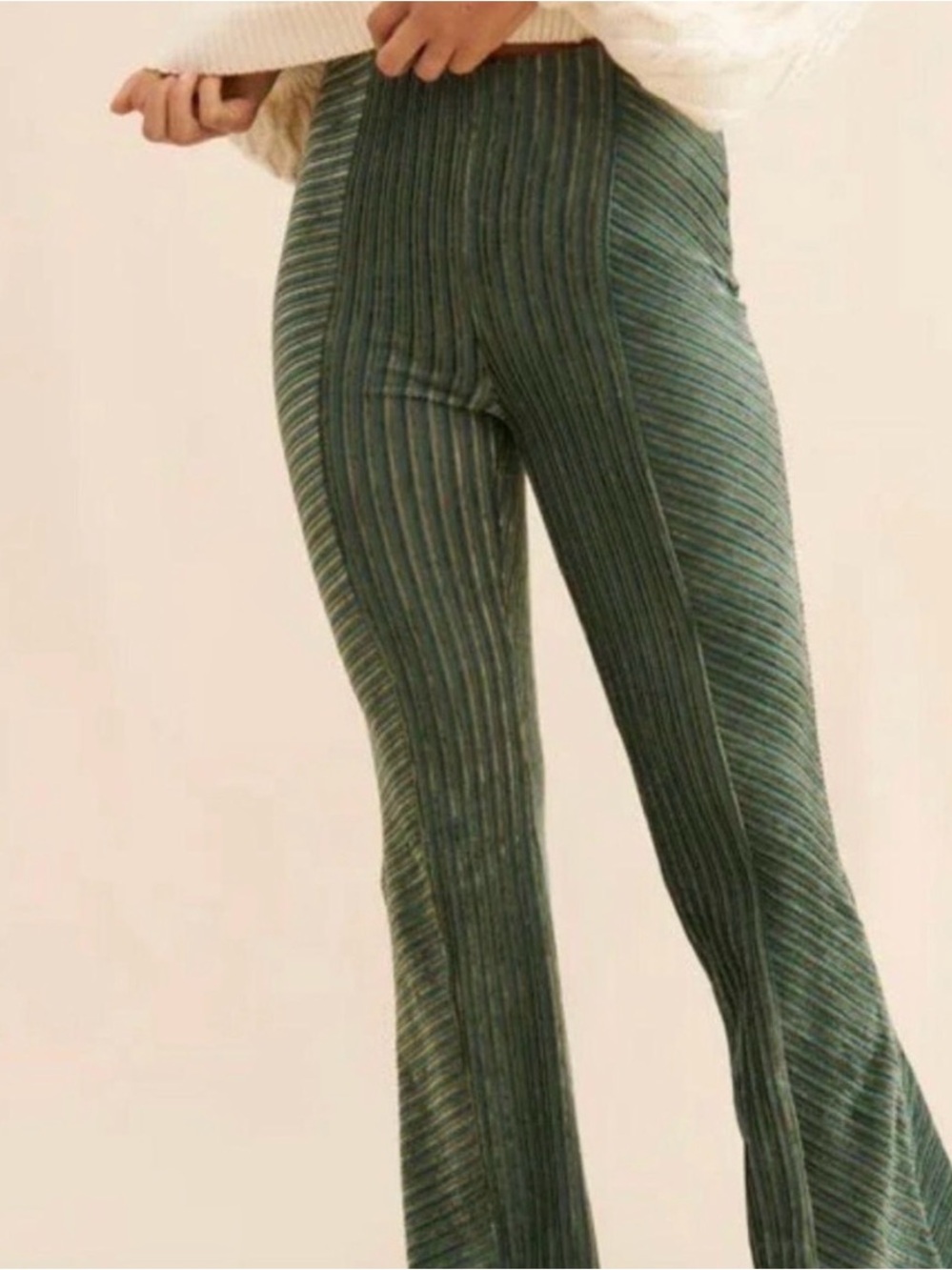 Free People Olive Green Ribbed High-Rise velvet Flare Pants - Picture 2 of 8
